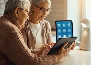 Beste slimme apparaten voor ouderen in gebruik: senior en mantelzorger bekijken een tablet aan de keukentafel met slimme verlichting op de achtergrond