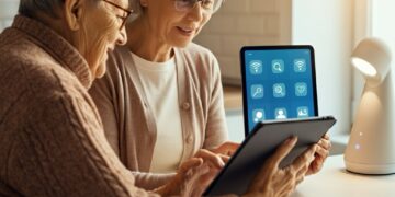 Beste slimme apparaten voor ouderen in gebruik: senior en mantelzorger bekijken een tablet aan de keukentafel met slimme verlichting op de achtergrond
