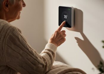 Oudere vrouw gebruikt domotica voor ouderen om eenvoudig de temperatuur aan te passen via een slimme thermostaat in de woonkamer.