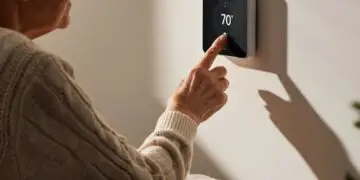 Oudere vrouw gebruikt domotica voor ouderen om eenvoudig de temperatuur aan te passen via een slimme thermostaat in de woonkamer.