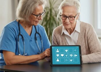 Zorgprofessional en senior bekijken een tablet met eenvoudige gezondheidsiconen in een huiselijke setting; samenwerking en veiligheid met kunstmatige intelligentie ouderenzorg