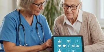 Zorgprofessional en senior bekijken een tablet met eenvoudige gezondheidsiconen in een huiselijke setting; samenwerking en veiligheid met kunstmatige intelligentie ouderenzorg