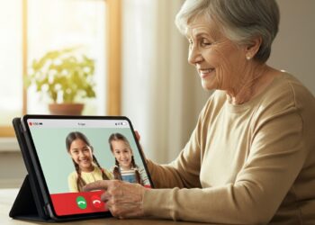 Oudere vrouw videobelt met haar kleinkinderen op een eenvoudige tablet met grote knoppen – een mooi voorbeeld van videobellen voor ouderen aan de keukentafel.