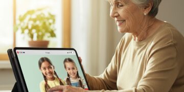Oudere vrouw videobelt met haar kleinkinderen op een eenvoudige tablet met grote knoppen – een mooi voorbeeld van videobellen voor ouderen aan de keukentafel.