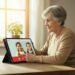 Oudere vrouw videobelt met haar kleinkinderen op een eenvoudige tablet met grote knoppen – een mooi voorbeeld van videobellen voor ouderen aan de keukentafel.