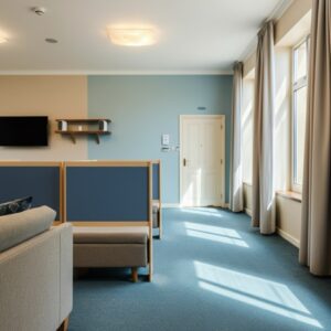  Overzicht van de beste slimme apparaten voor ouderen in een huiselijke woonkamer, met slimme speaker, sensor en verlichting zichtbaar