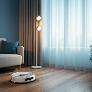 Robotstofzuiger in een rustige woonkamer als onderdeel van de beste slimme apparaten voor ouderen, gericht op gemak en comfort
