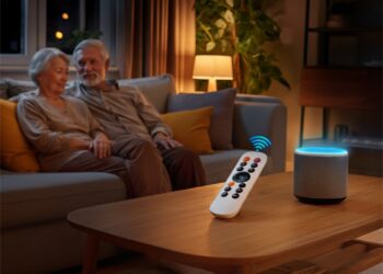 Seniorenkoppel ontspant in woonkamer met dimbare slimme verlichting en eenvoudige afstandsbediening – een voorbeeld van slimme verlichting voor ouderen voor extra comfort in huis.