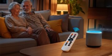 Seniorenkoppel ontspant in woonkamer met dimbare slimme verlichting en eenvoudige afstandsbediening – een voorbeeld van slimme verlichting voor ouderen voor extra comfort in huis.