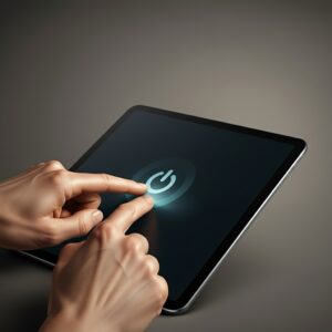 Tablet gebruiken ouderen: close-up van hand die de aan/uit-knop indrukt en het vergrendelscherm toont voor een eenvoudige start