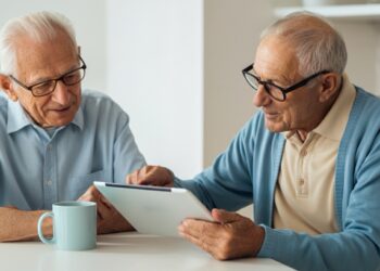 Tablet gebruiken ouderen aan de keukentafel, familielid geeft rustige uitleg op het scherm voor een eenvoudige start