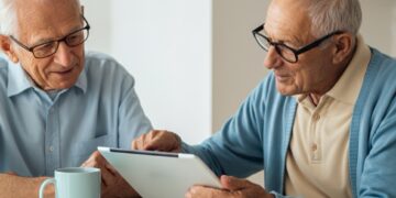 Tablet gebruiken ouderen aan de keukentafel, familielid geeft rustige uitleg op het scherm voor een eenvoudige start