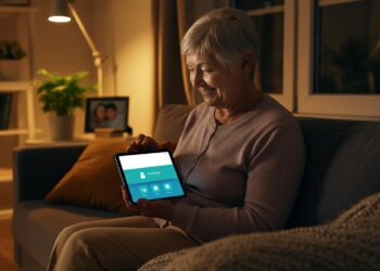 Technologie tegen eenzaamheid ouderen: twee senioren spelen op afstand een woordspel op hun tablets, in warme huiskamersfeer met thee op tafel voor een gezellig, verbonden moment.