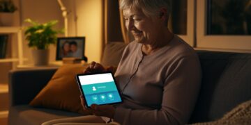 Technologie tegen eenzaamheid ouderen: twee senioren spelen op afstand een woordspel op hun tablets, in warme huiskamersfeer met thee op tafel voor een gezellig, verbonden moment.