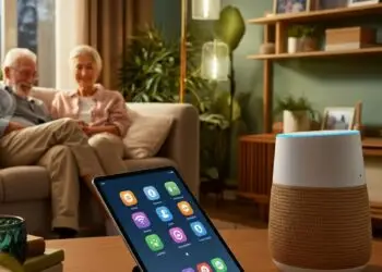 Seniorenkoppel ontspant in woonkamer met slimme verlichting, tablet en spraakassistent – een voorbeeld van technologie voor ouderen voor extra gemak in huis.