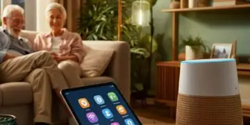 Seniorenkoppel ontspant in woonkamer met slimme verlichting, tablet en spraakassistent – een voorbeeld van technologie voor ouderen voor extra gemak in huis.