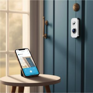 Voorbeeld van de beste slimme apparaten voor ouderen: videodeurbel bij de voordeur met een voorbeeldmelding op telefoon voor extra veiligheid