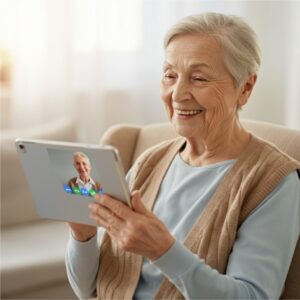 Videobellen met tablet als onderdeel van de beste slimme apparaten voor ouderen; eenvoudige, grote knoppen voor prettig contact met familie
