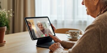 Mantelzorger legt bemoedigend een hand op de schouder van een senior in een warme Nederlandse huiskamer, met tablet op de tafel als subtiele tech-ondersteuning – Dag van de Mantelzorger.