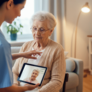 Een mantelzorger toont een oudere vrouw hoe ze een tablet kan gebruiken voor digitale zorg, als voorbeeld van zorg op afstand.