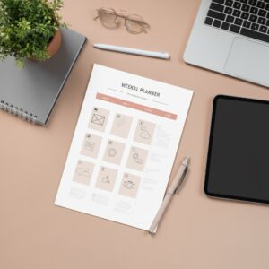 Bureaublad met weekplanner, laptop en tablet op een licht oppervlak, als visuele steun bij het aanleren van digitale vaardigheden voor ouderen