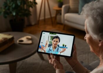 Een oudere vrouw in een videogesprek met een fysiotherapeut op een tablet, een voorbeeld van AI in de zorg die comfort en moderne zorgtechnologie benadrukt.