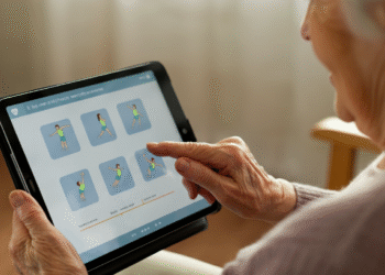 Een oudere vrouw gebruikt een tablet voor fysiotherapie-oefeningen in haar woonkamer, ondersteund door een AI-therapieplatform voor chronische aandoeningen.