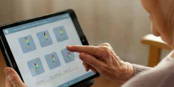 Een oudere vrouw gebruikt een tablet voor fysiotherapie-oefeningen in haar woonkamer, ondersteund door een AI-therapieplatform voor chronische aandoeningen.