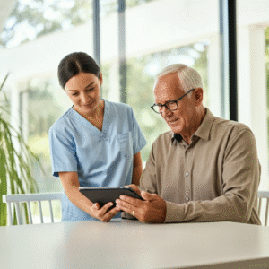 Een mantelzorger helpt een oudere man met het gebruik van een AI therapieplatform op een tablet in een moderne en lichte omgeving.
