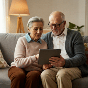 Een ouder echtpaar zit comfortabel op de bank en gebruikt een tablet om gezondheidsinstructies te volgen via een AI therapieplatform.