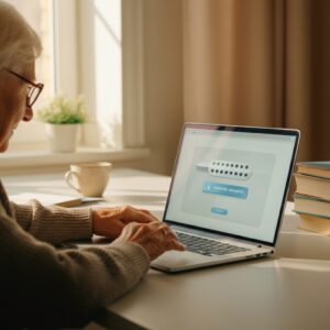 Een oudere persoon gebruikt een laptop met een focus op AI-toepassingen die helpen bij online veiligheid en bescherming tegen oplichting.