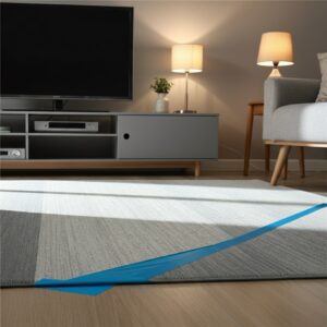 Woonkamer met vlak antislip-vloerkleed en weggewerkte tv- en lampkabels in een muurgoot voor veilig wonen