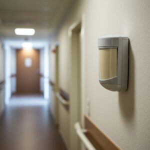 Een bewegingssensor geïnstalleerd in een goed verlichte gang, ontworpen om valpreventie en veiligheid voor ouderen te verbeteren.