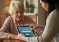 Veilig data delen met uw mantelzorger: Senior deelt veilig data met mantelzorger en geeft toestemming op tablet in huiselijke setting