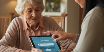Veilig data delen met uw mantelzorger: Senior deelt veilig data met mantelzorger en geeft toestemming op tablet in huiselijke setting