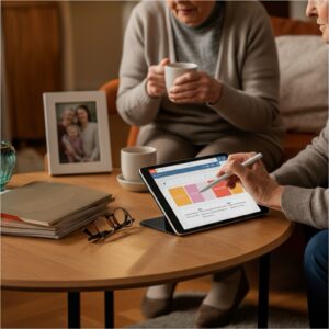 Mantelzorger en senior gebruiken een tablet met een eenvoudig zorglogboek in een warme Nederlandse woonkamer; technologie helpt afspraken en ondersteuning overzichtelijk bij te houden.