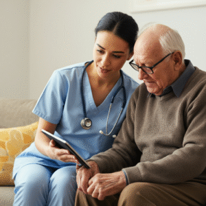 Een ouder echtpaar gebruikt samen een tablet in een lichte woonkamer, als voorbeeld van hoe digitale hulpmiddelen ouderen ondersteunen in hun dagelijks leven.