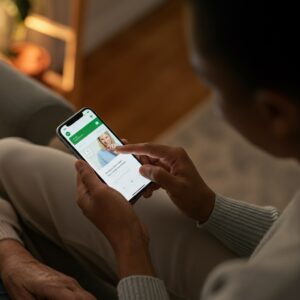 Een familielid helpt een oudere vrouw met het gebruik van een gezondheidsapp op een smartphone, een voorbeeld van het verbeteren van digitale vaardigheden voor ouderen.