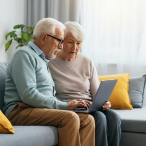 Een ouder echtpaar dat samen een laptop gebruikt, als voorbeeld van het verbeteren van digitale vaardigheden bij ouderen.