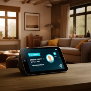 Een oudere vrouw gebruikt een slimme speaker in een moderne keuken, gericht op digitale veiligheid en online bescherming.