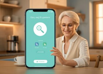 Eenvoudige smartphone senioren met grote pictogrammen, gebruikt door een oudere vrouw aan de keukentafel