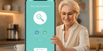 Eenvoudige smartphone senioren met grote pictogrammen, gebruikt door een oudere vrouw aan de keukentafel