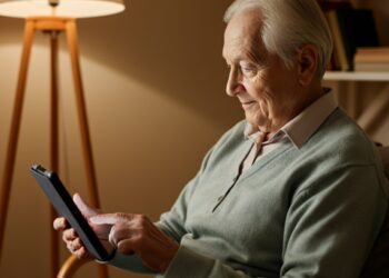 Een oudere man gebruikt een tablet in een warme, comfortabele omgeving, als illustratie bij het onderwerp 'Wat is eHealth' en hoe technologie het dagelijks leven kan ondersteunen.