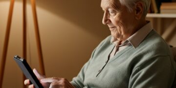 Een oudere man gebruikt een tablet in een warme, comfortabele omgeving, als illustratie bij het onderwerp 'Wat is eHealth' en hoe technologie het dagelijks leven kan ondersteunen.