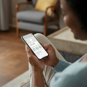 Een familielid bekijkt meldingen op een smartphone app van slimme sensoren in het huis van een oudere, voor extra veiligheid en gemoedsrust.