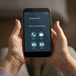 Gebruiksvriendelijke smartphone voor ouderen met grote, contrastrijke pictogrammen in close-up, vastgehouden door een senior