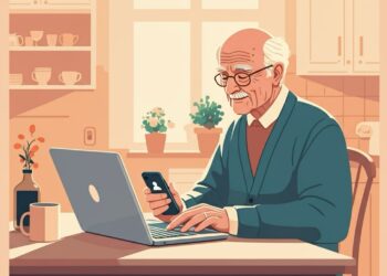 Senior gebruikt laptop en smartphone om te leren hoe werkt digid, in een rustige keukenomgeving zonder tekst in beeld