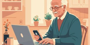 Senior gebruikt laptop en smartphone om te leren hoe werkt digid, in een rustige keukenomgeving zonder tekst in beeld