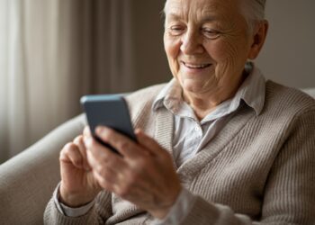 Hoe werkt WhatsApp op uw smartphone? Een oudere persoon voert een videogesprek via een smartphone in een gezellige woonkamer, wat verbinding en gebruiksgemak benadrukt