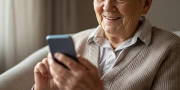 Hoe werkt WhatsApp op uw smartphone? Een oudere persoon voert een videogesprek via een smartphone in een gezellige woonkamer, wat verbinding en gebruiksgemak benadrukt